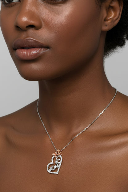 Two Tone .925 Sterling Silver 1/5 cttw Diamond "Mom" and Heart Pendant Necklace