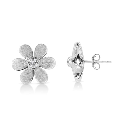 Matte Finished .925 Sterling Silver Diamond Accent Flower Hoop Stud Earring