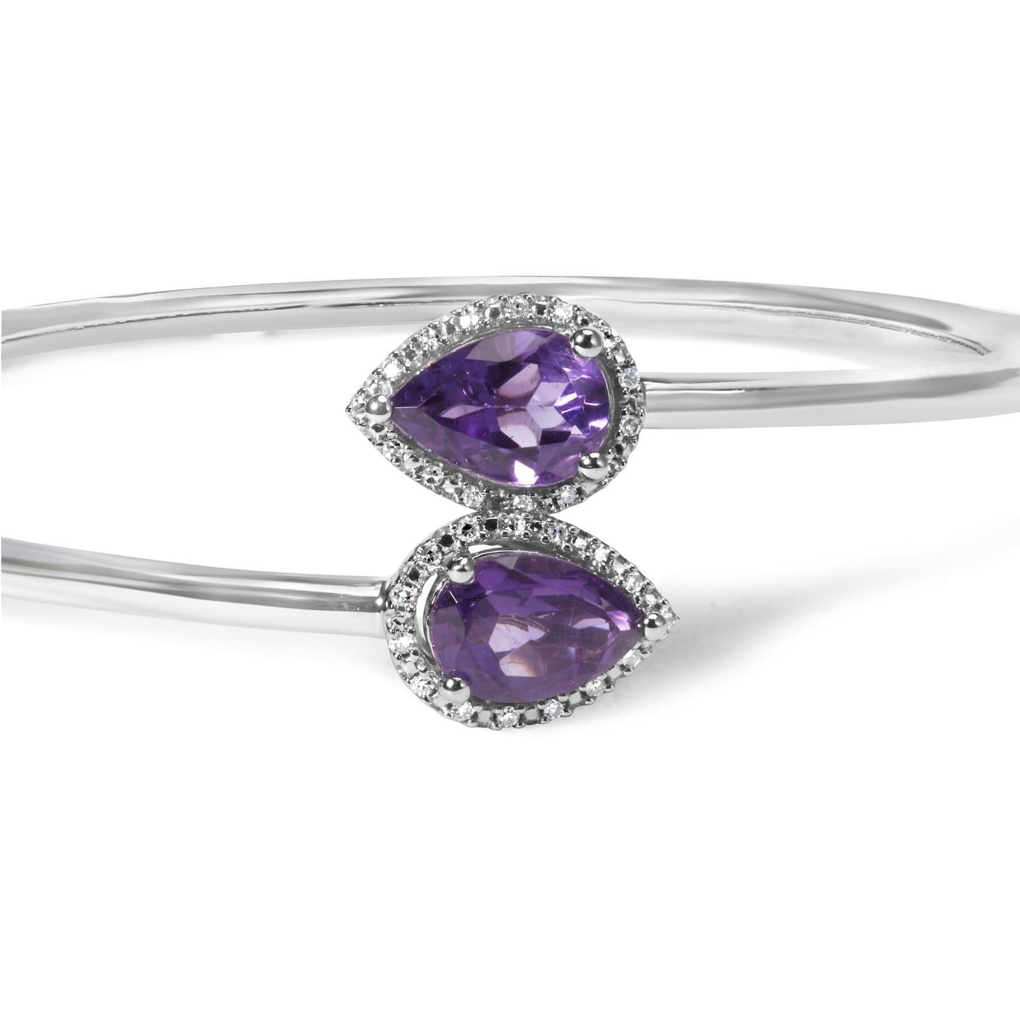 .925 Sterling Silver 8 x 5.5mm Pear Shape Amethyst and Diamond Accent Bangle Bracelet