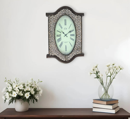 20" Oval Antiqued Bronze Wood and Glass Analog Wall Clock - Nobiliving