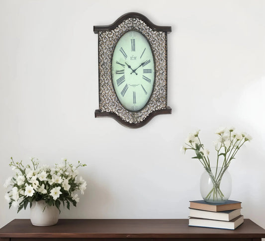 20" Oval Antiqued Bronze Wood and Glass Analog Wall Clock - Nobiliving