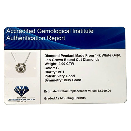 2.00 CTW AGI Certified Lab - Grown Diamond Halo Pendant Necklace in 14kt White Gold - nobiliving.com