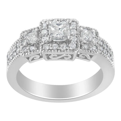14K White Gold Round & Princess-Cut Diamond Three Stone Ring - elegant and expressive