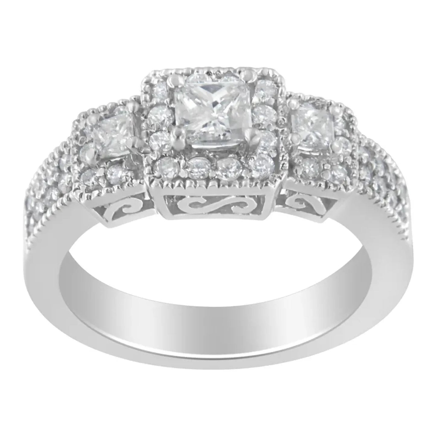 14K White Gold Round & Princess-Cut Diamond Three Stone Ring - a touch of vintage styling to this classic design