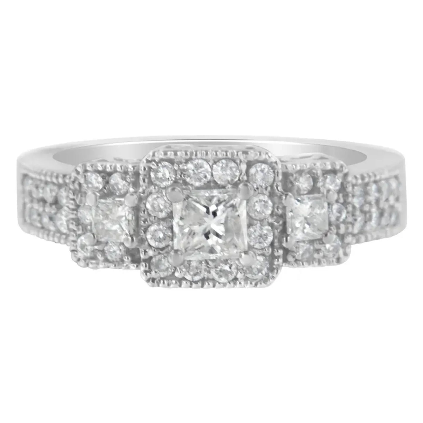 14K White Gold Round & Princess-Cut Diamond Three Stone Ring has a total diamond weight of 1 carat