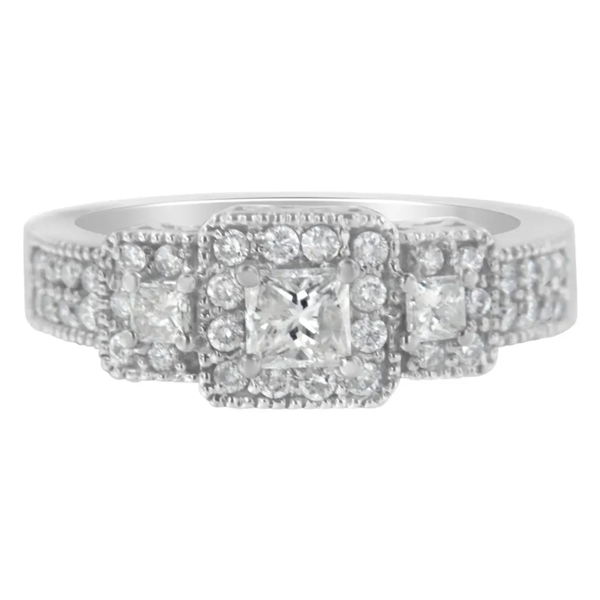 14K White Gold Round & Princess-Cut Diamond Three Stone Ring has a total diamond weight of 1 carat