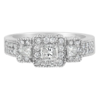 14K White Gold Round & Princess-Cut Diamond Three Stone Ring has a total diamond weight of 1 carat