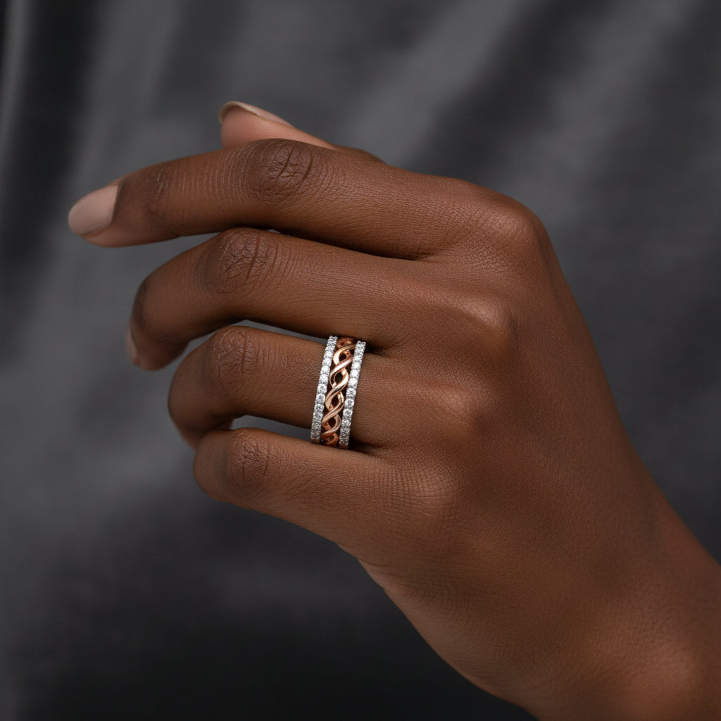 10K White and Rose Gold 1/3 Cttw Diamond Split Shank and Infinity Ribbon Band Ring