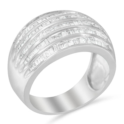 .925 Sterling Silver Baguette-Cut Diamond 6-Row Channel Set Domed Tapered Ring
