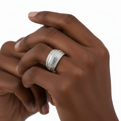 .925 Sterling Silver Baguette-Cut Diamond 6-Row Channel Set Domed Tapered Ring