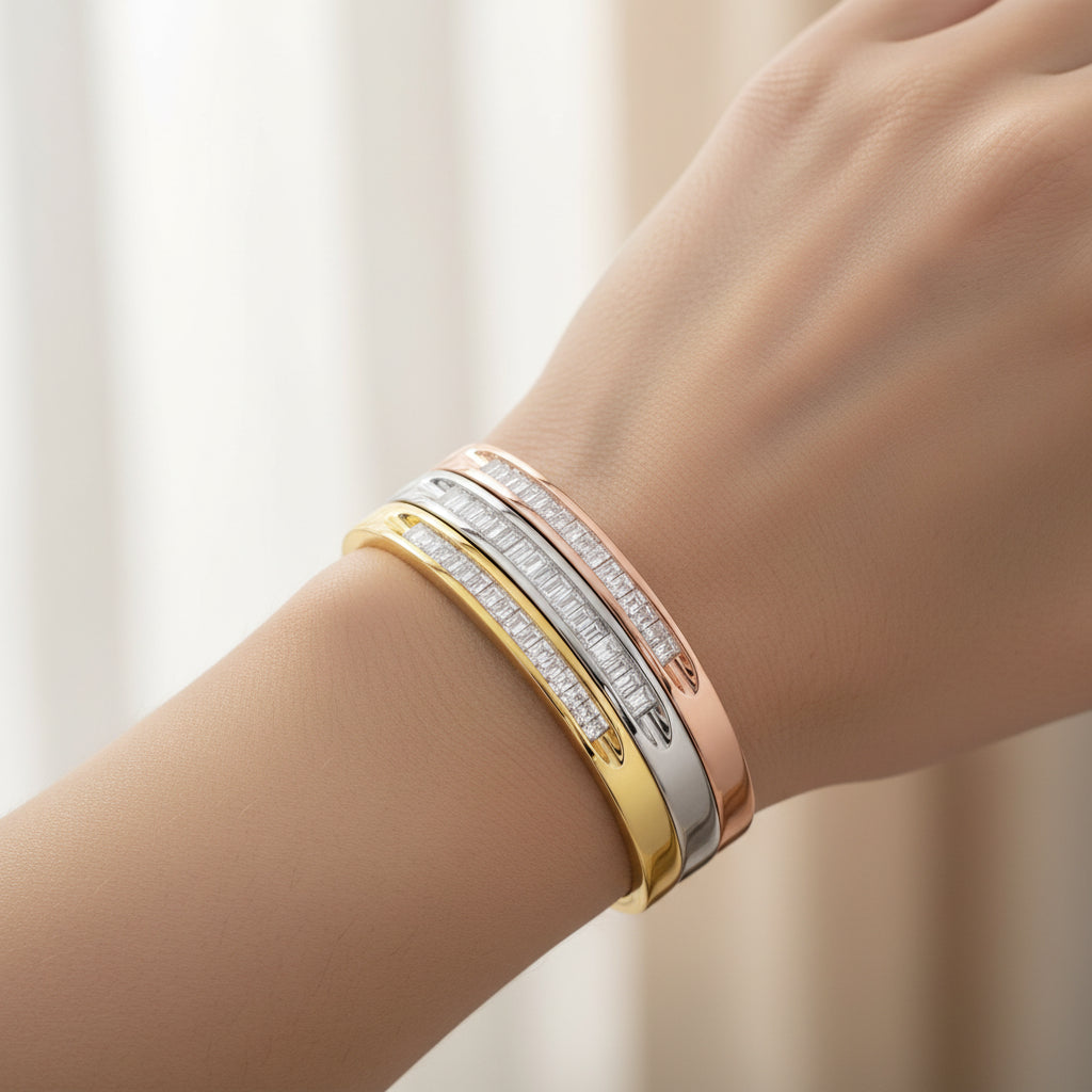 10K Yellow, White and Rose Gold Diamond Channel-Set Stackable Bangle Set