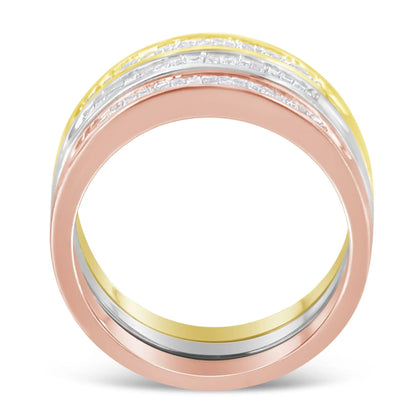 10K Yellow, White and Rose Gold Diamond Channel-Set Stackable Bangle Set