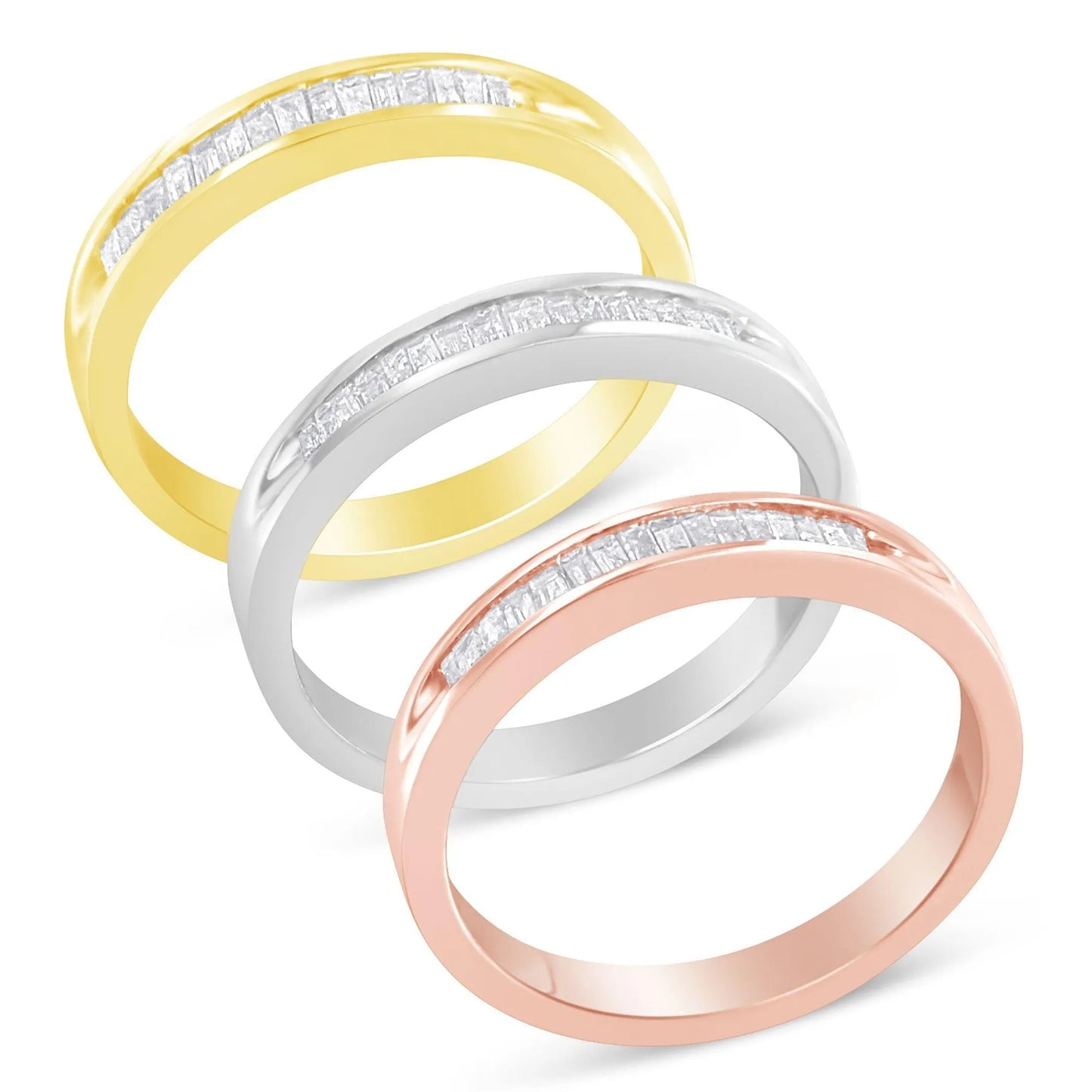 10K Yellow, White and Rose Gold Diamond Channel-Set Stackable Bangle Set