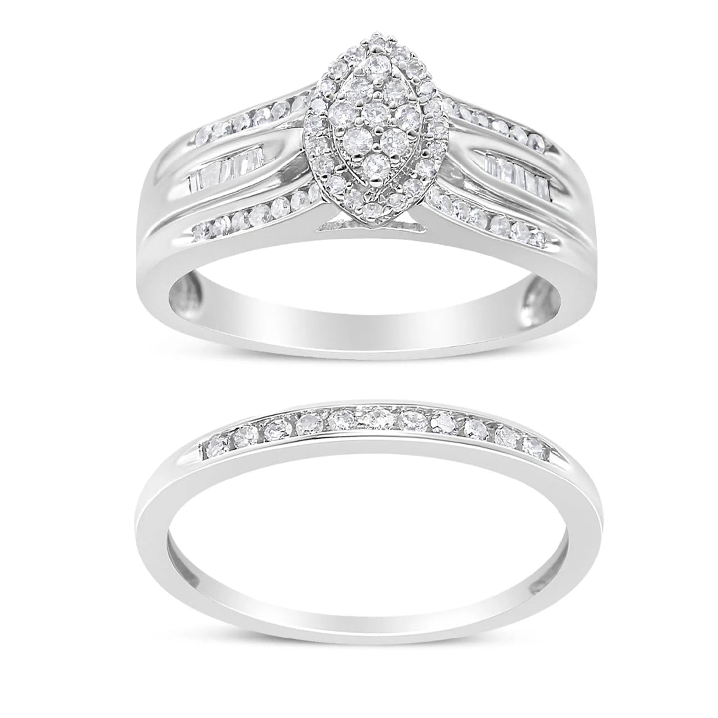 Round and Baguette-Cut Diamond Engagement Bridal Set