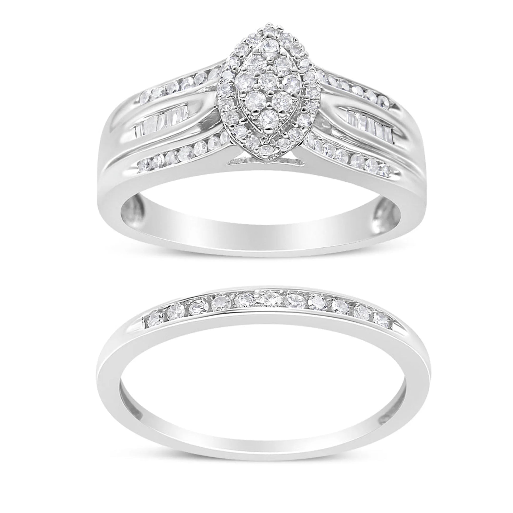 Round and Baguette-Cut Diamond Engagement Bridal Set