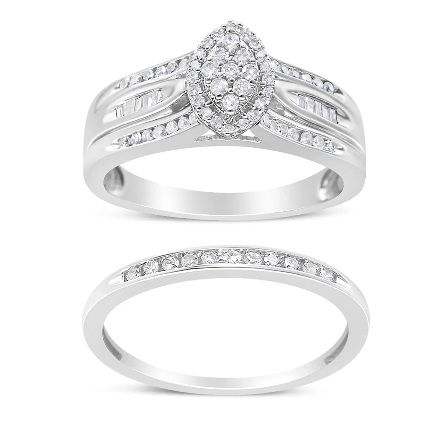 Round and Baguette-Cut Diamond Engagement Bridal Set