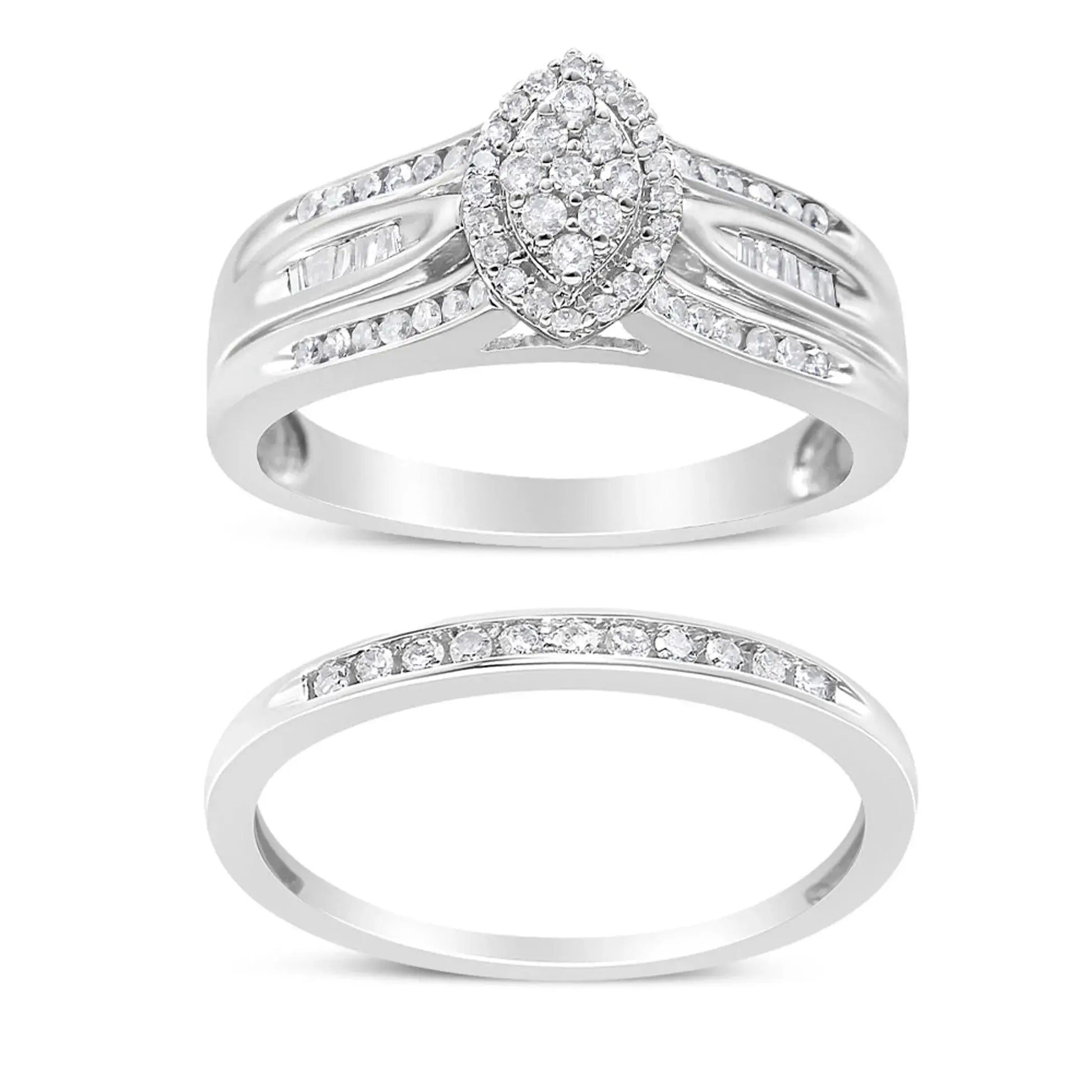Round and Baguette-Cut Diamond Engagement Bridal Set