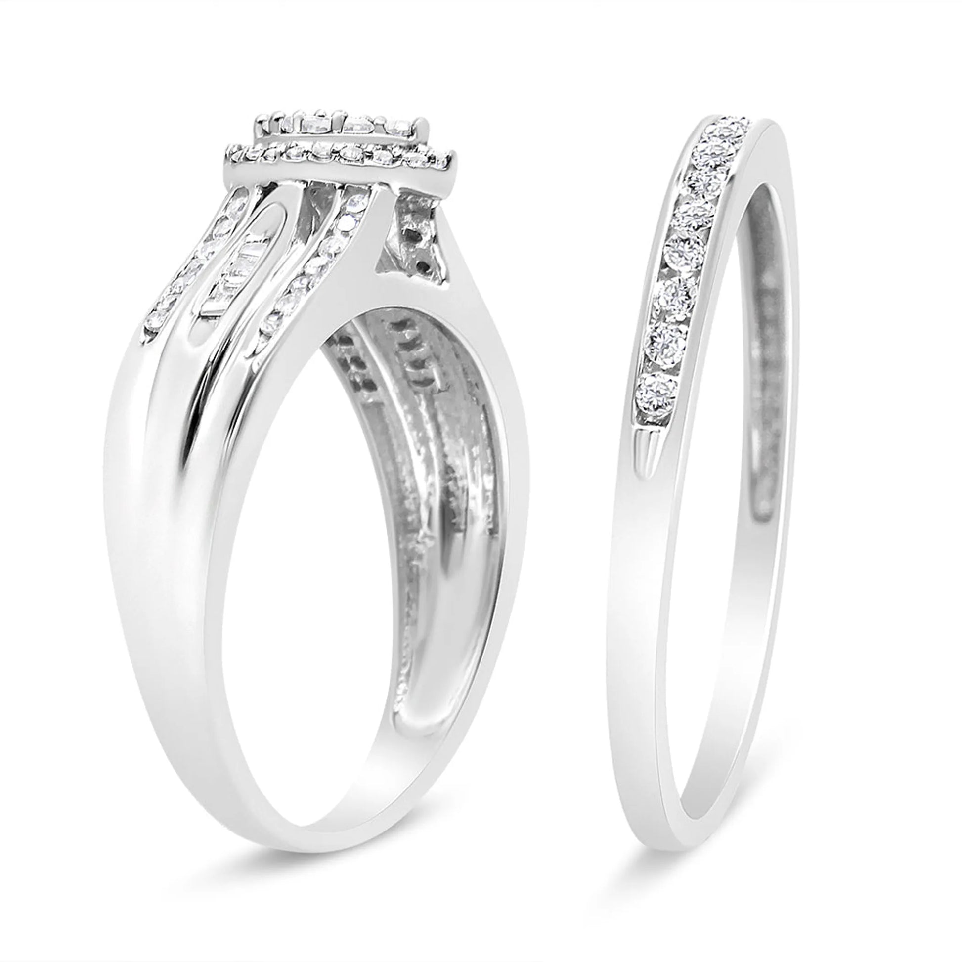 Round and Baguette-Cut Diamond Engagement Bridal Set
