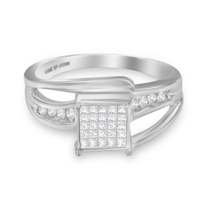 10K White Gold Princess-cut Diamond Cluster Bypass Ring - graceful bypass design