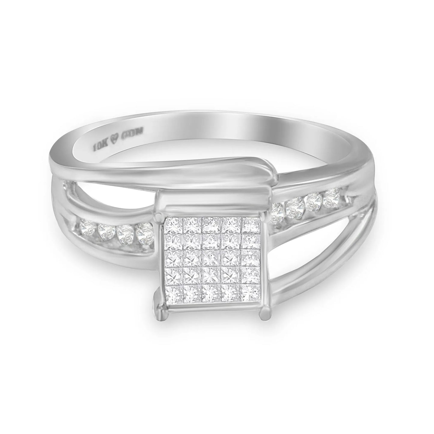 10K White Gold Princess-cut Diamond Cluster Bypass Ring - elegance and enduring beauty.