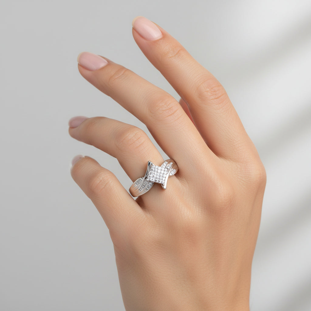 10K White Gold Princess and Baguette Cut Diamond Bypass Style Cocktail Ring