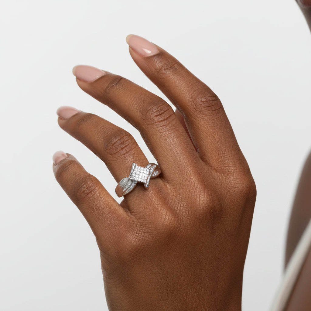 10K White Gold Princess and Baguette Cut Diamond Bypass Style Cocktail Ring