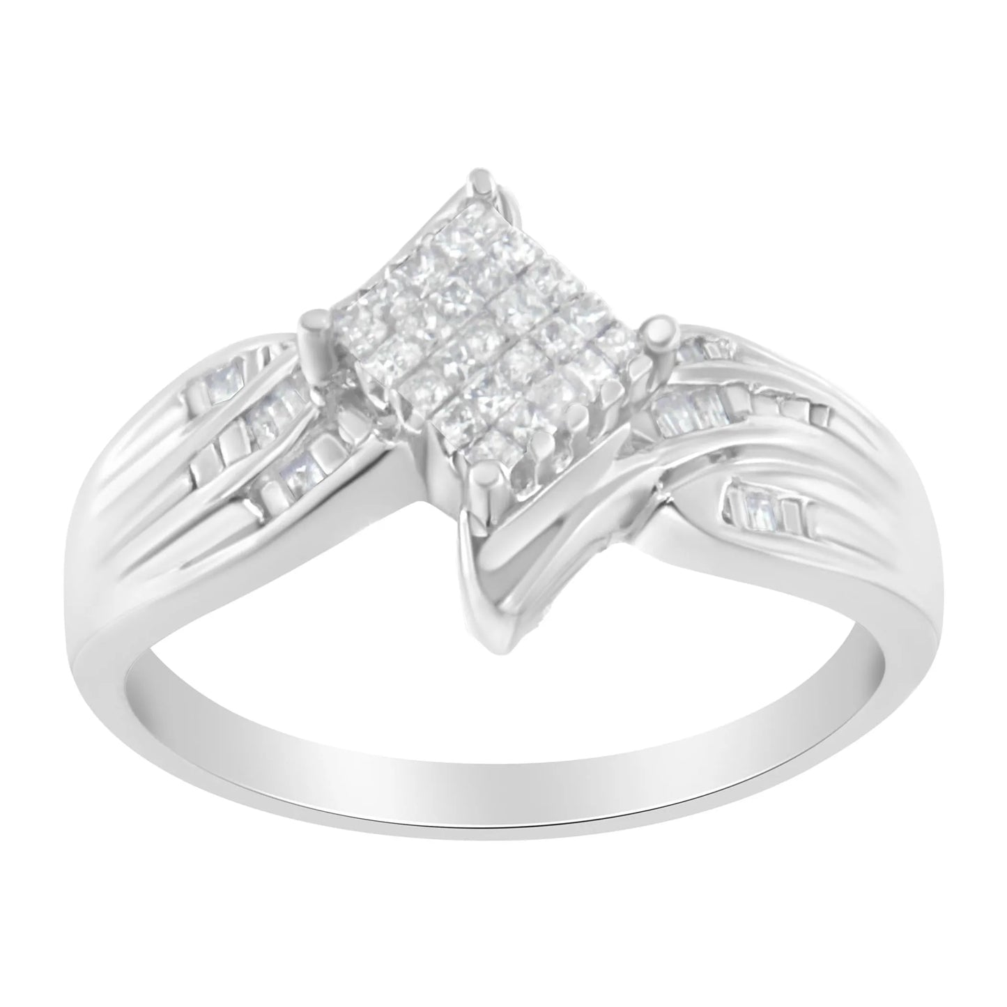 10K White Gold Princess and Baguette Cut Diamond Bypass Style Cocktail Ring