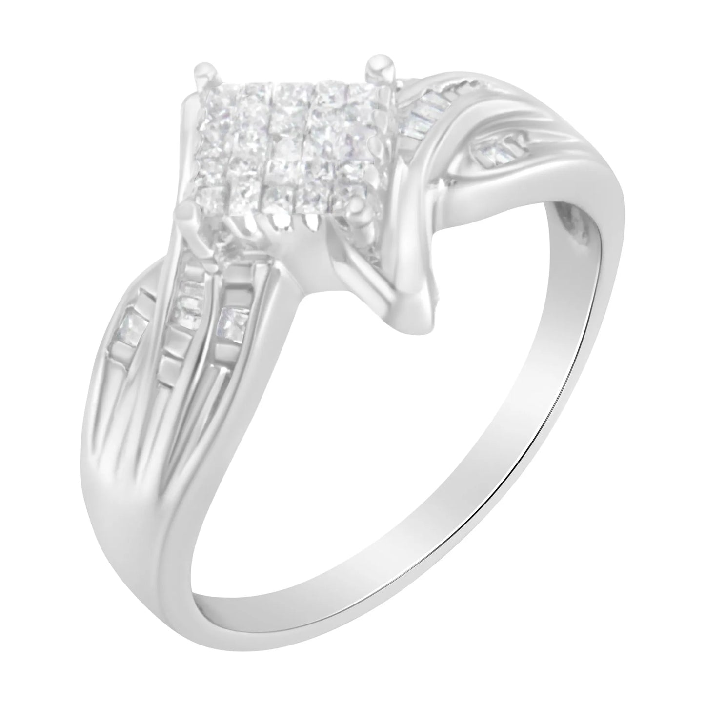 10K White Gold Princess and Baguette Cut Diamond Bypass Style Cocktail Ring