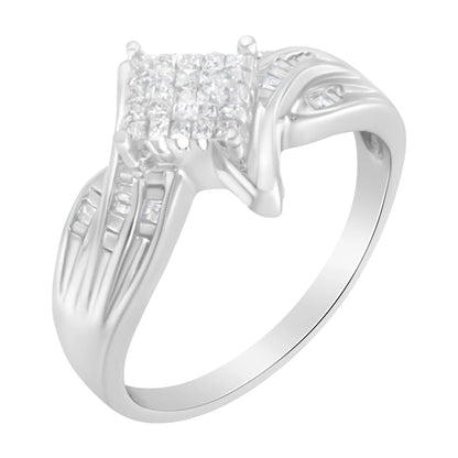 10K White Gold Princess and Baguette Cut Diamond Bypass Style Cocktail Ring
