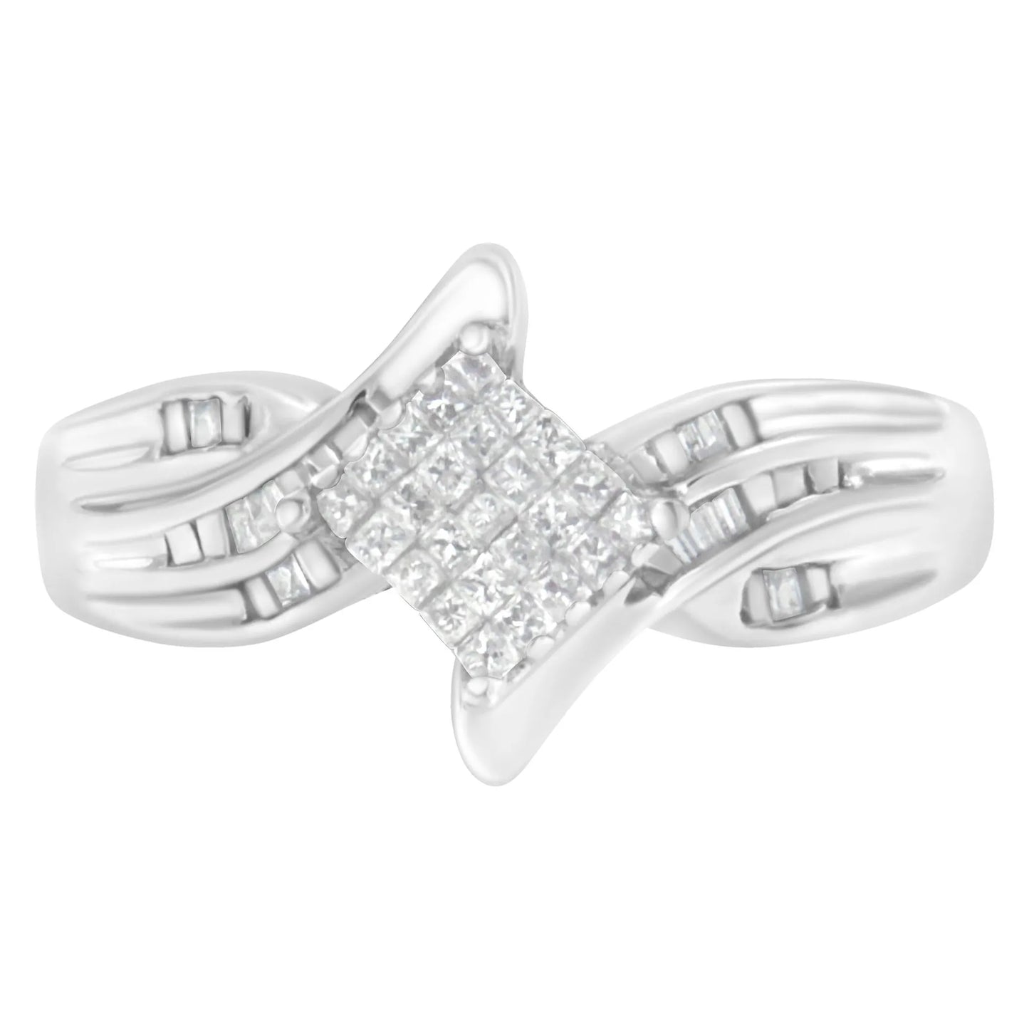 10K White Gold Princess and Baguette Cut Diamond Bypass Style Cocktail Ring
