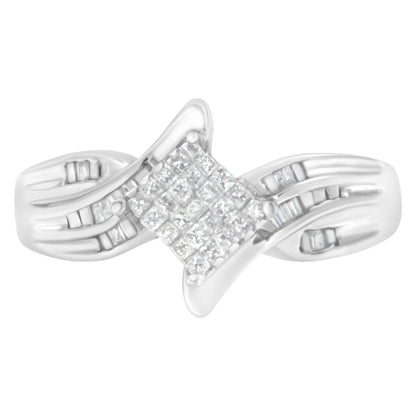 10K White Gold Princess and Baguette Cut Diamond Bypass Style Cocktail Ring