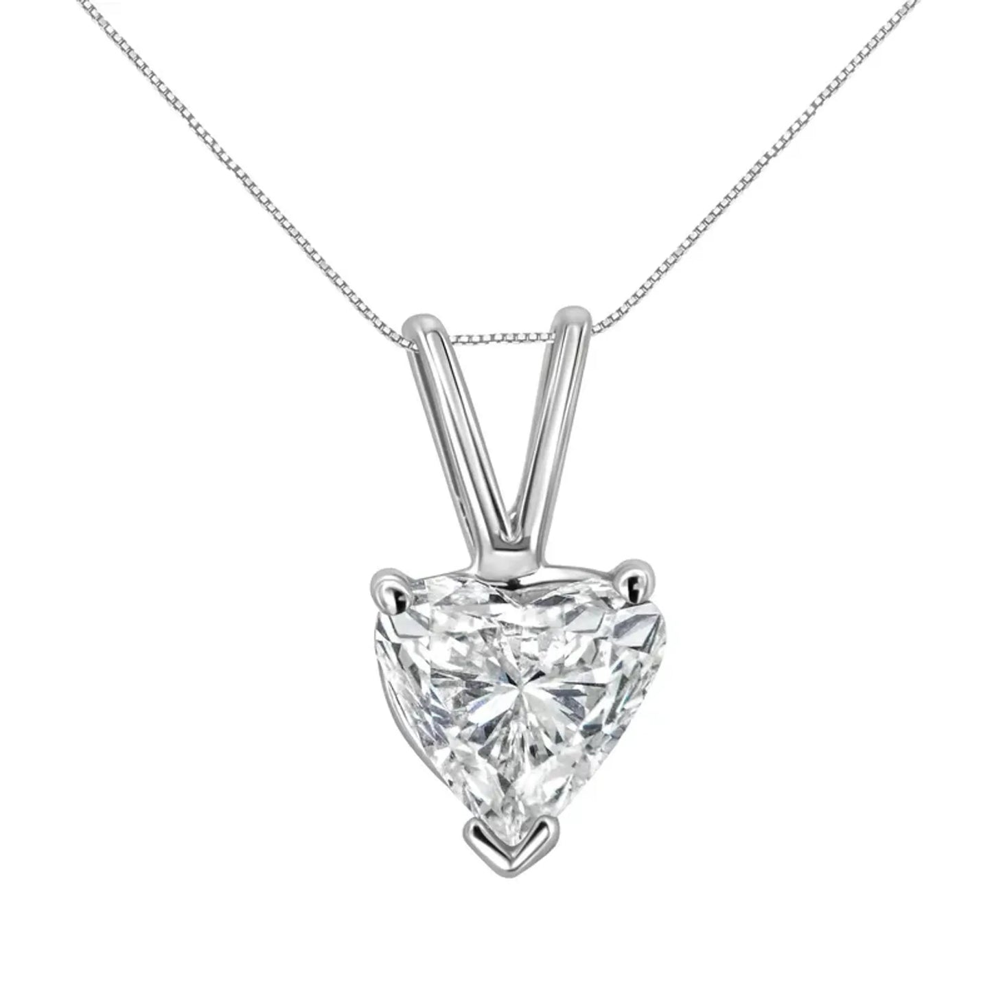 14K White Gold Heart Shaped Solitaire Diamond Necklace has a 3-prong set