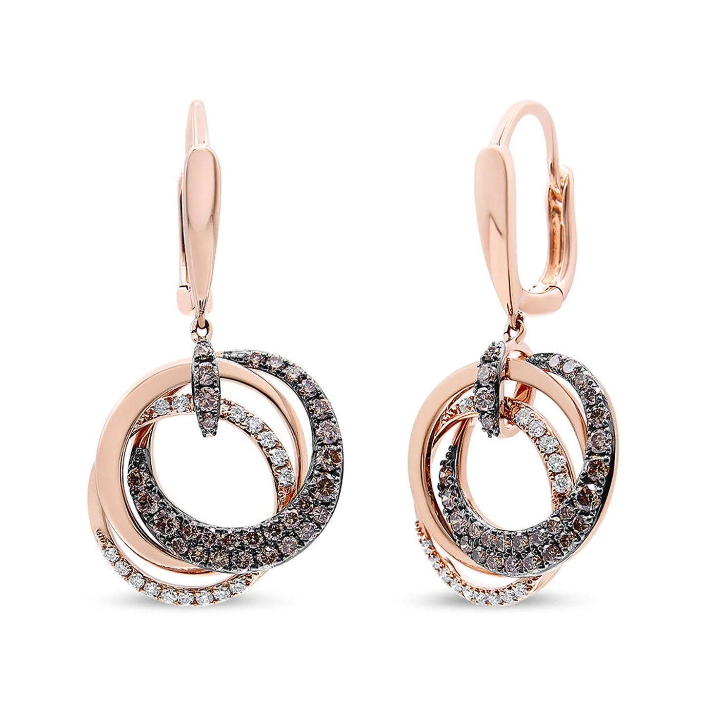 14K Rose Gold White and Brown Diamond Intertwining Hoops and Circle Dangle Earrings