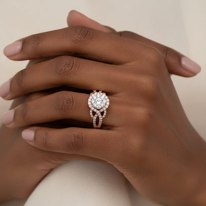 10K Rose Gold Diamond Floral Cluster Head and Twisted Shank Cocktail Ring