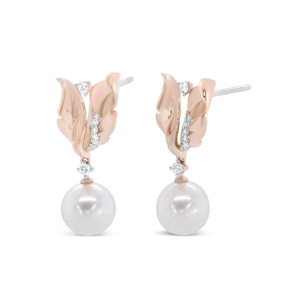 14K Rose Gold Round Diamond and Round Pearl Floral Drop Stud Earrings
