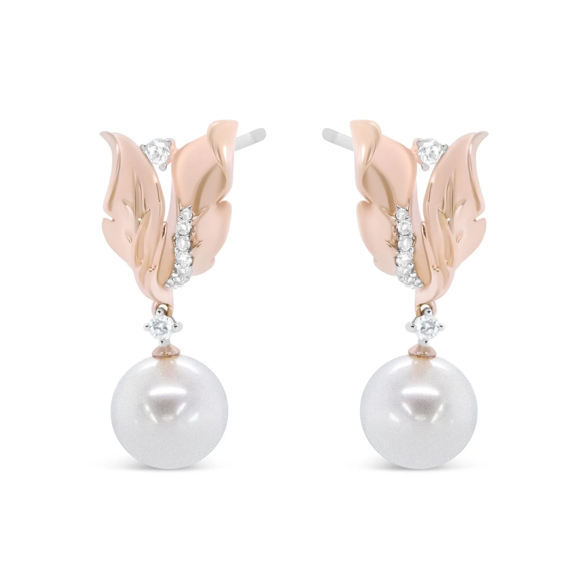 Round Diamond and Round Pearl Floral Drop Stud Earrings