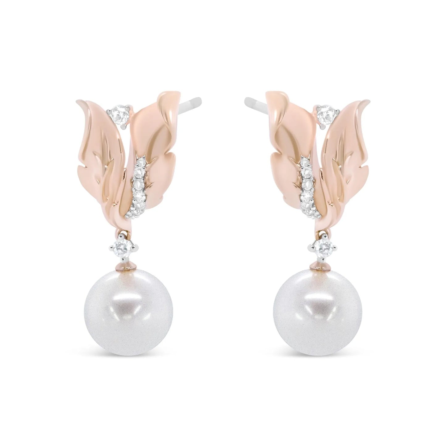 14K Rose Gold Round Diamond and Round Pearl Floral Drop Stud Earrings