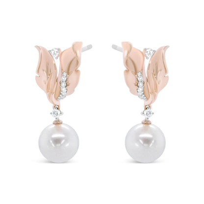14K Rose Gold Round Diamond and Round Pearl Floral Drop Stud Earrings