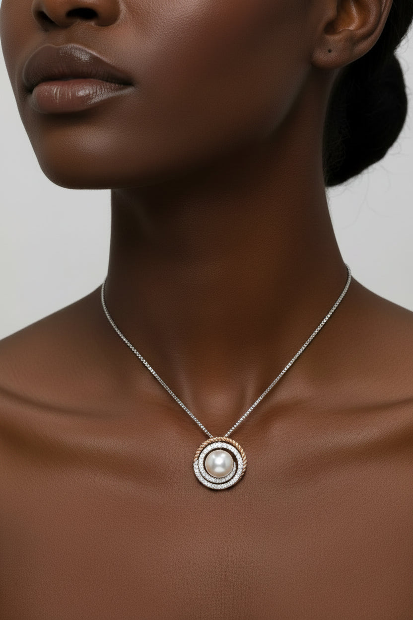 14K Rose and White Gold Pave Diamond and Pearl Spiral Pendant Necklace