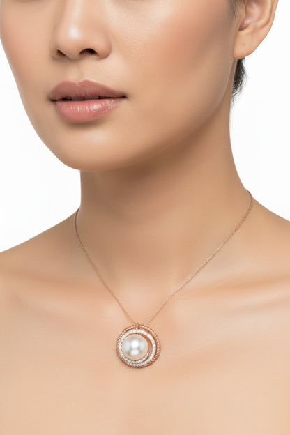 14K Rose and White Gold Pave Diamond and Pearl Spiral Pendant Necklace