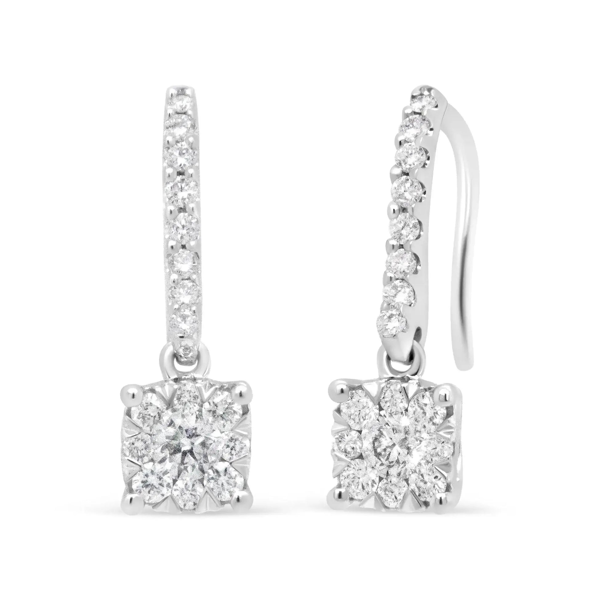 14K White .5 Cttw Round Diamond Halo Dangle Hook Earrings