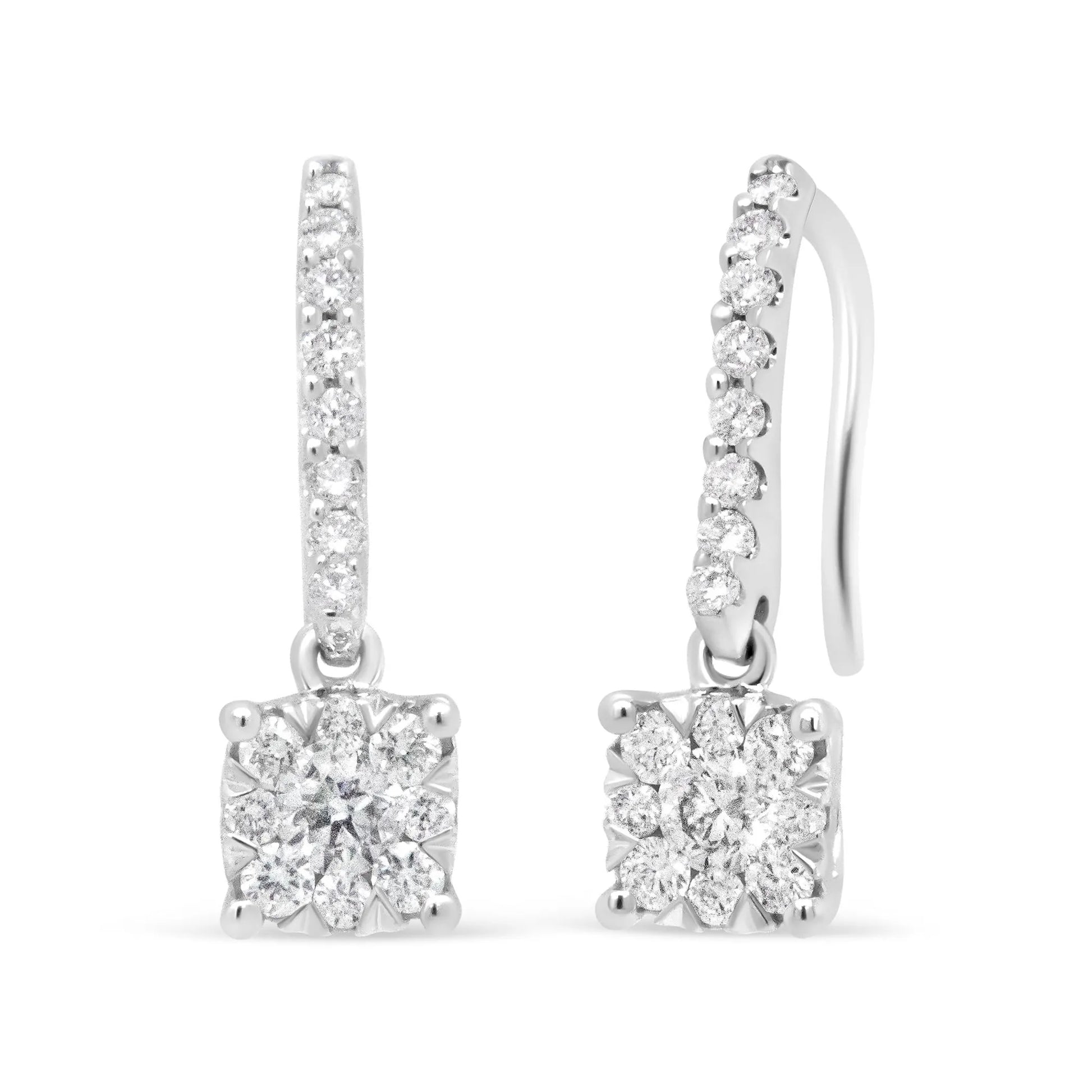 14K White .5 Cttw Round Diamond Halo Dangle Hook Earrings- H-I Color and SI2-I1 Clarity