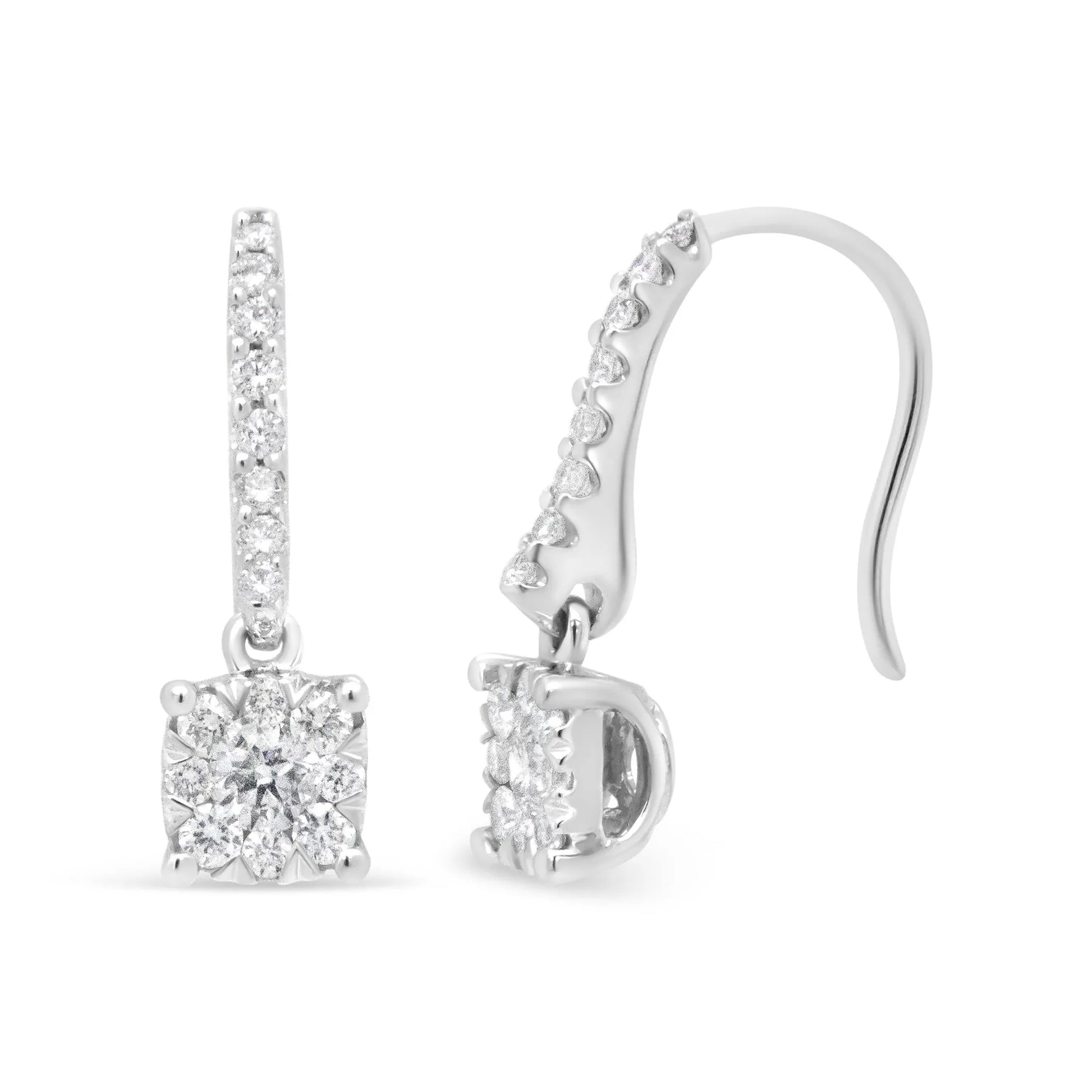 Round Diamond Halo Dangle Hook Earrings