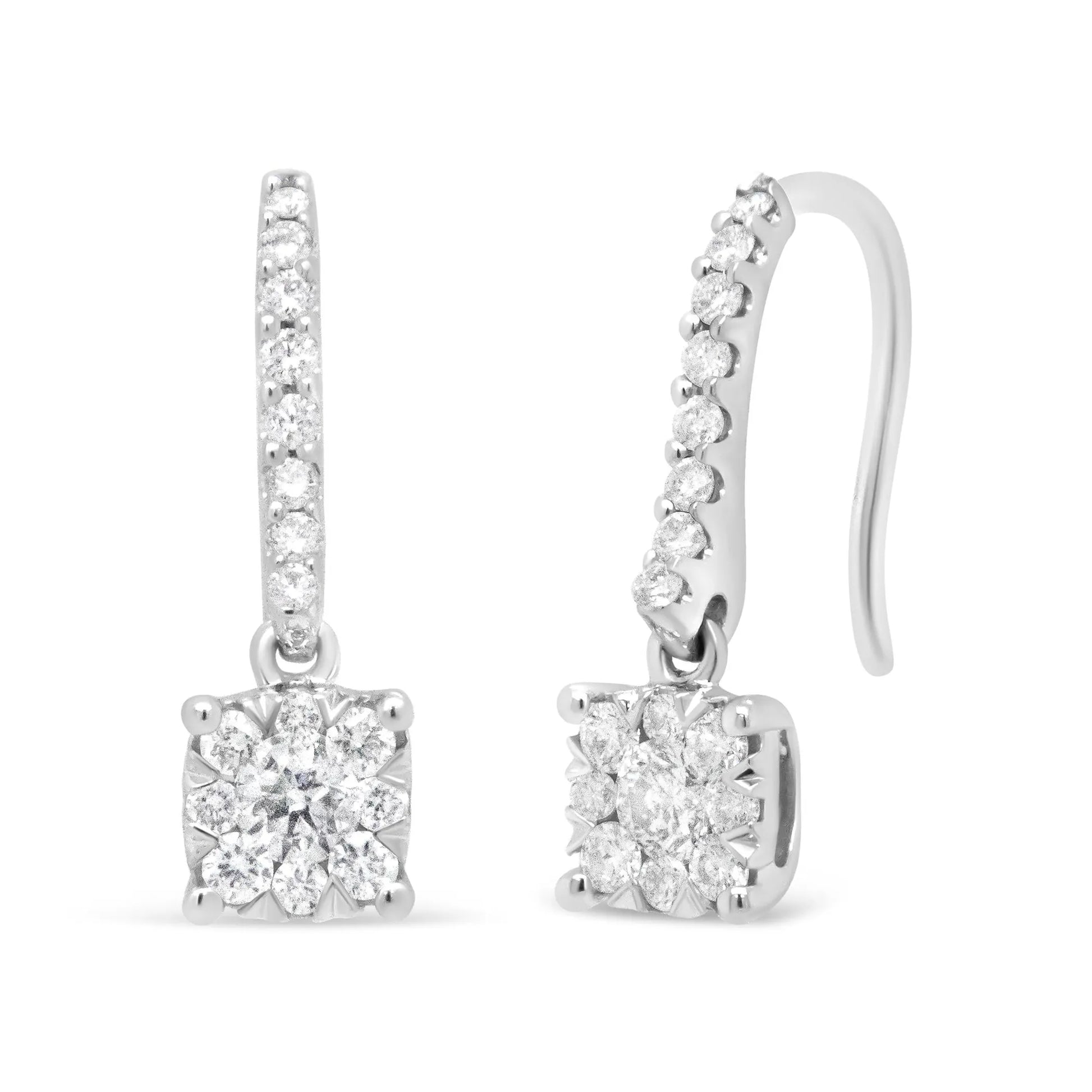 14K White .5 Cttw Round Diamond Halo Dangle Hook Earrings designed to dazzle 