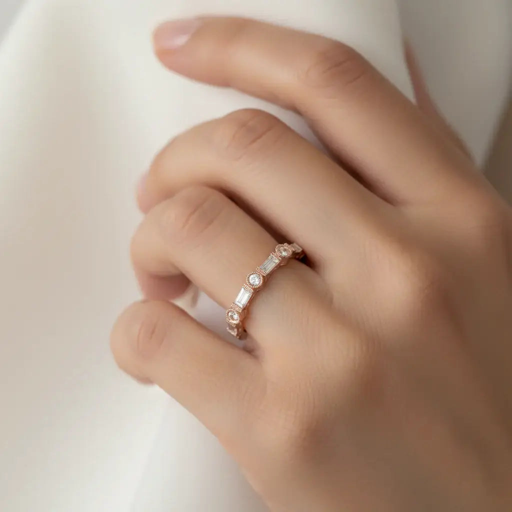 14K Rose Gold Baguette and Round Diamond Bridal Band