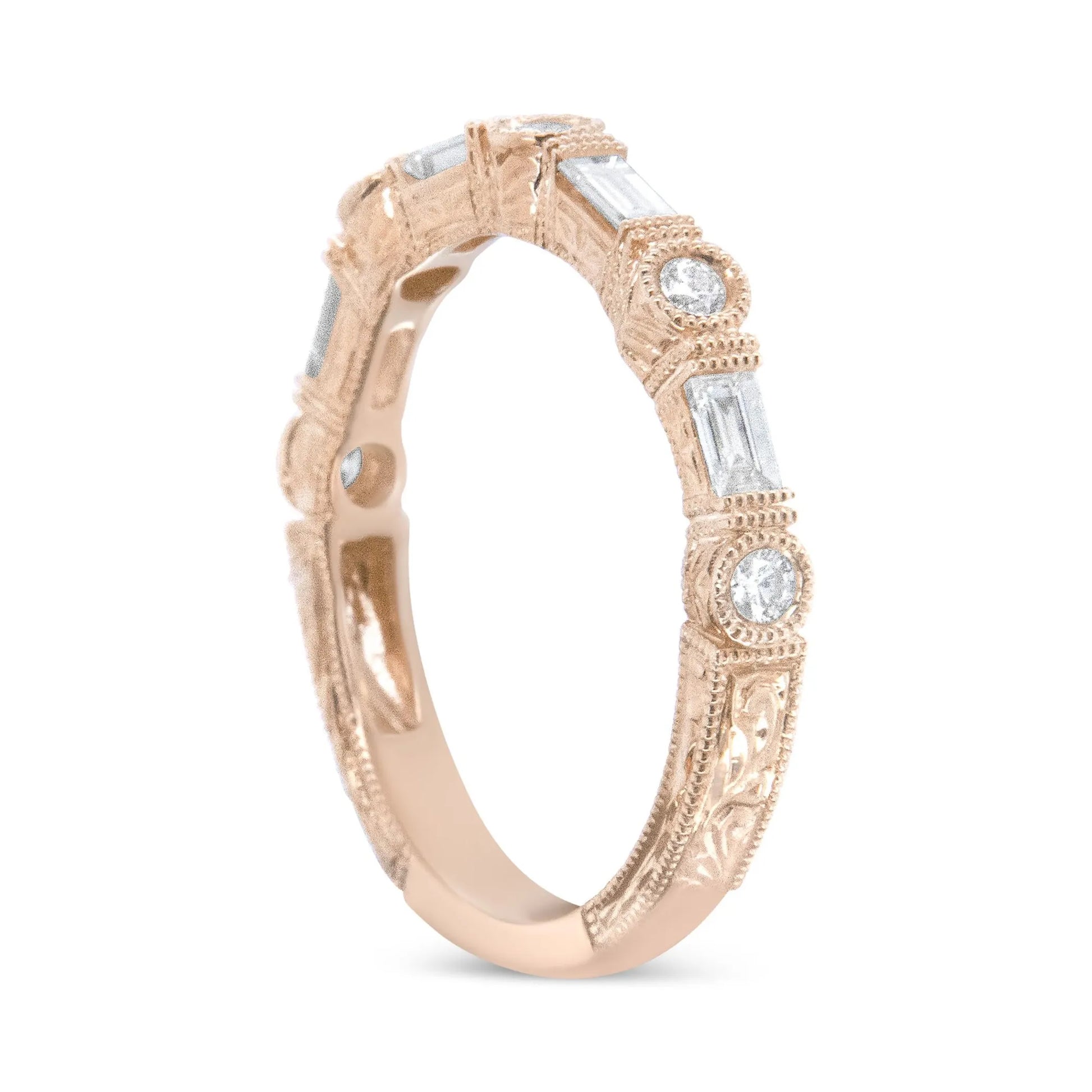 14K Rose Gold Baguette and Round Diamond Bridal Band - complements a variety of skin tones