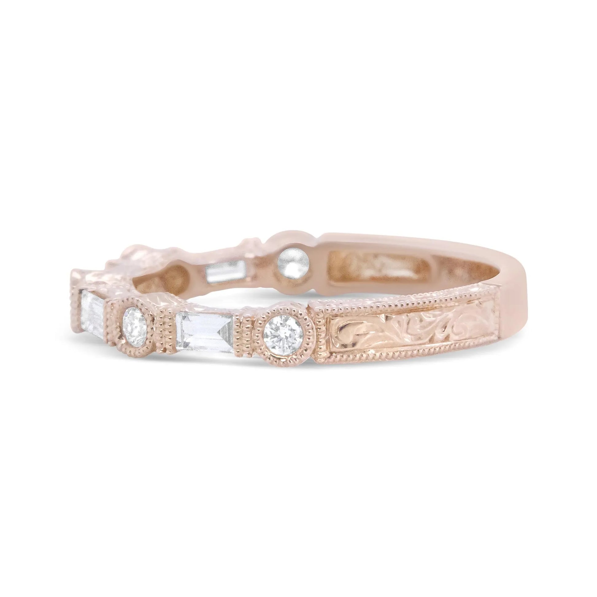 14K Rose Gold Baguette and Round Diamond Bridal Band - blend of classic and modern styles