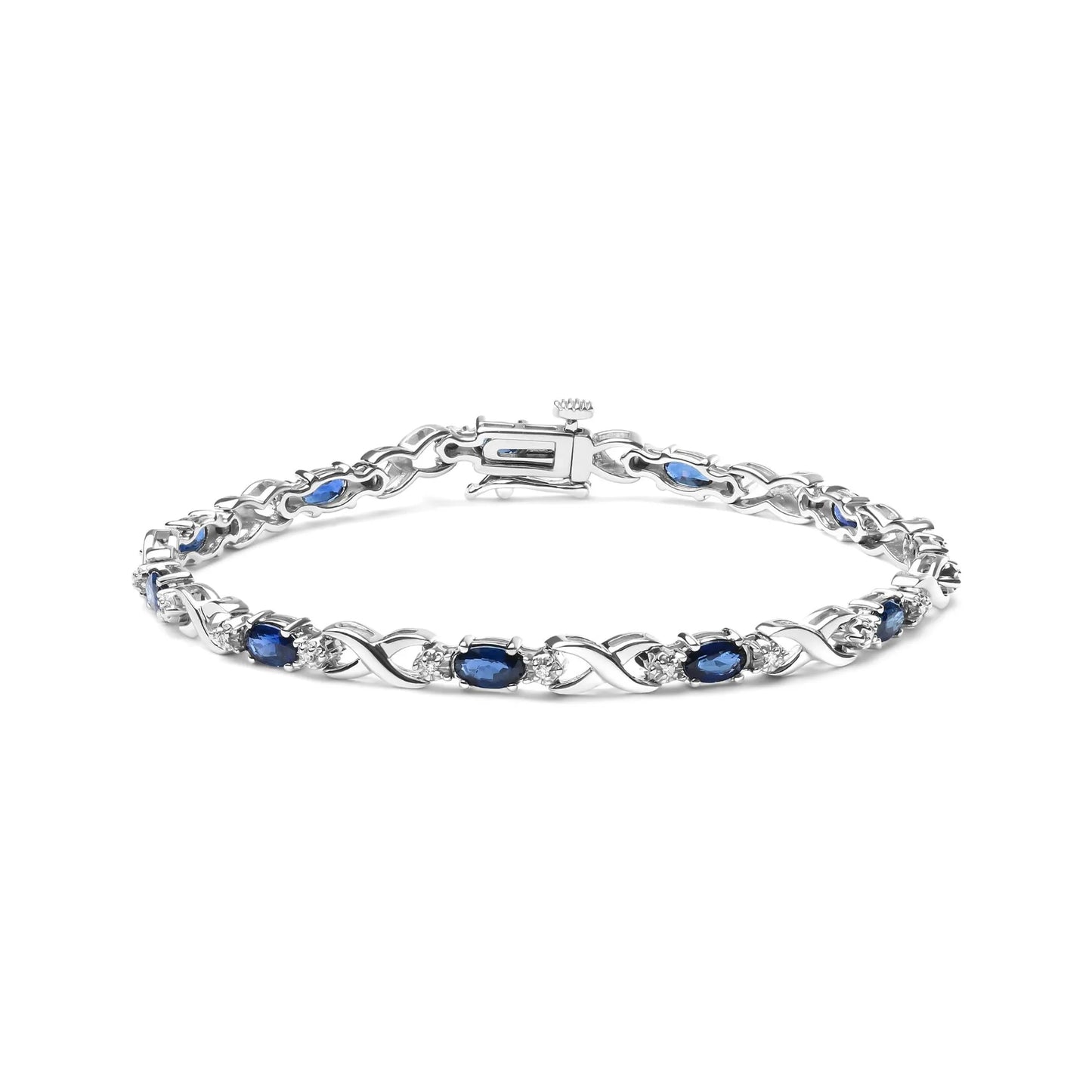 10K White Gold Oval Sapphire and Diamond Prong Set "X" Link Bracelet