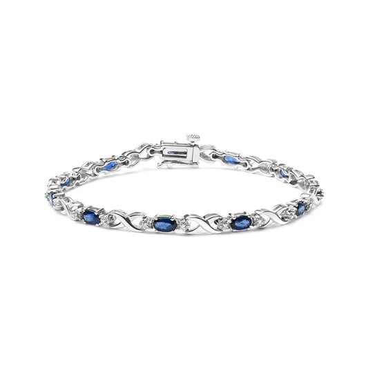 10K White Gold Oval Sapphire and Diamond Prong Set "X" Link Bracelet