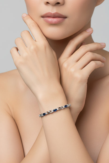 10K White Gold Oval Sapphire and Diamond Prong Set "X" Link Bracelet
